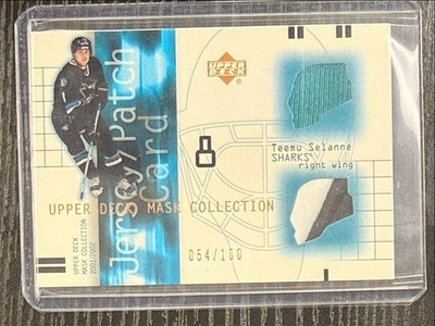 2001-02 Upper Deck Mask Collection Jersey and Patch Teemu Selanne 054/100 San