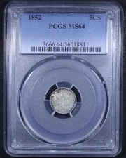 1852 Three Cent Silver - 3CS PCGS MS64 - Tough Coin!
