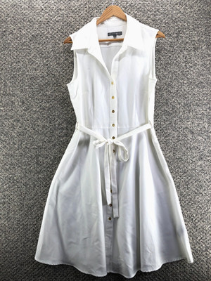 Sharagano Midi Sleeveless Dress White Womens Sz 10 Buttons Pockets Collared Belt
