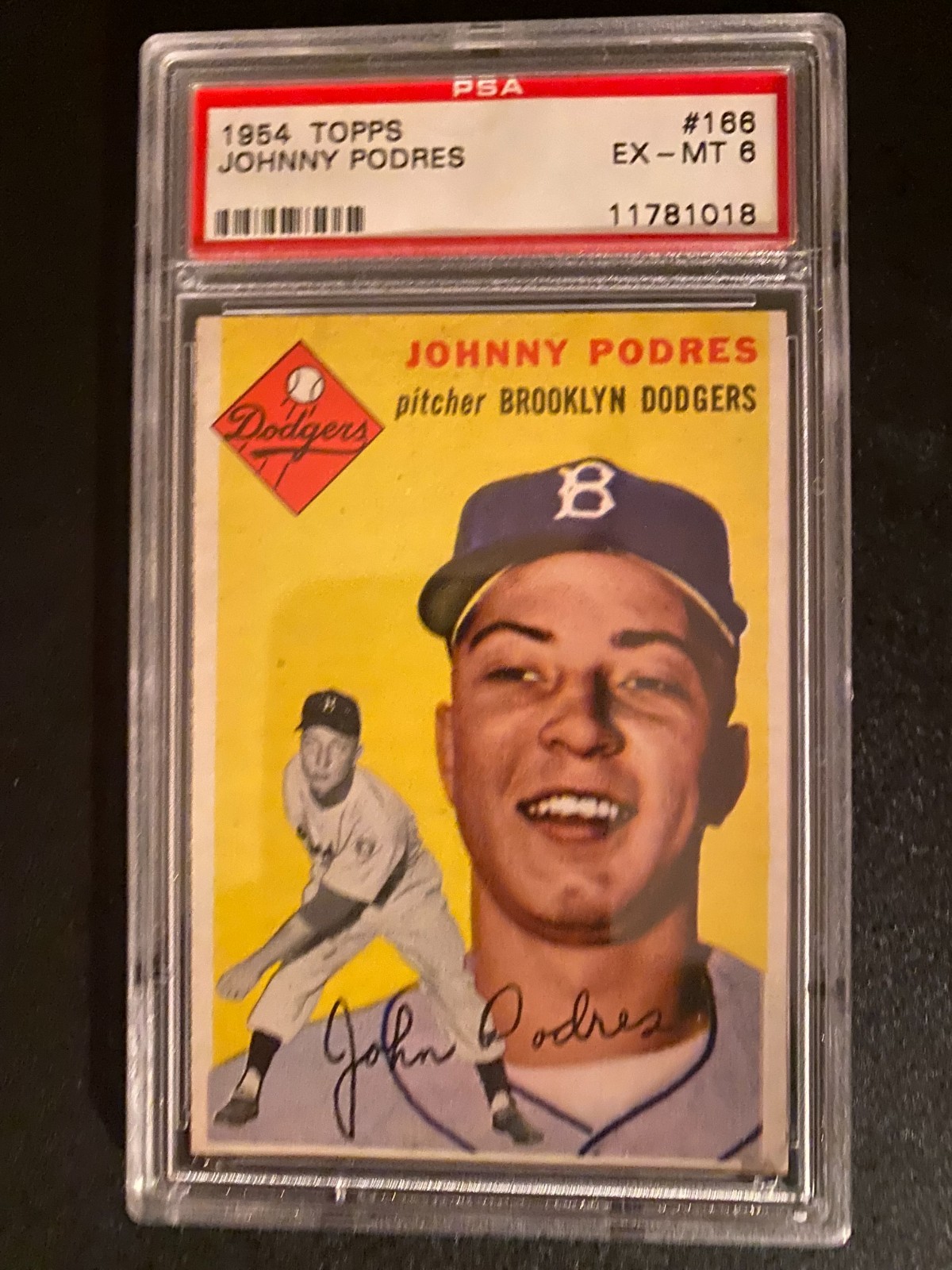 1954 Topps Baseball #166 Johnny Podres Vintage Card Brooklyn Dodgers PSA 6 EX-MT