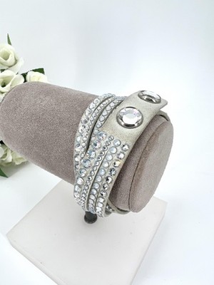 Swarovski Slake Double Tower Halskette/Armband aus weißem Leder mit Kristallen