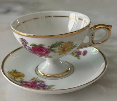 Vintage Lichte GDR Porcelain Demitasse Cup & Saucer Pedestal Dresden Flowers