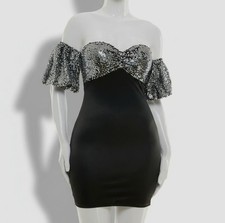 City Studio Women's Black Silver Bandeau Bubble-Sleeve Dress Juniors Size 1/2