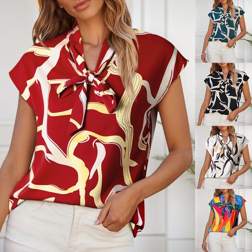 Women Summer Casual Loose Tops Bow Tie V Neck Short Sleeve Chiffon Shirt Blouse