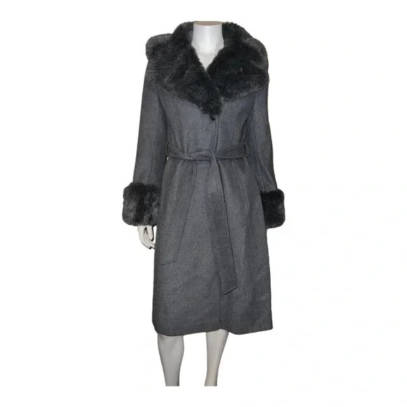 Via Spiga Womens Faux-Fur-Trim Wrap Coat Wool Blend Gray Medium