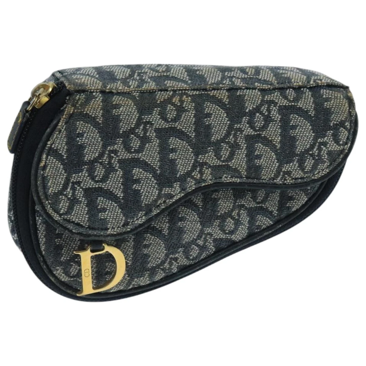 Pochette toile trotteur Christian Dior bleu marine or authentique 104571