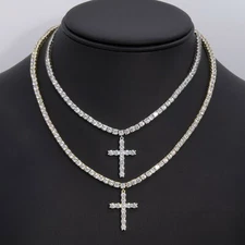 Shiny Tennis Chain Necklace with Dangle Cross Sterling Silver 925