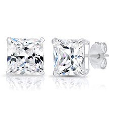 Sterling Silver Square Princess-Cut CZ Post Stud Earrings Butterfly Back Unisex