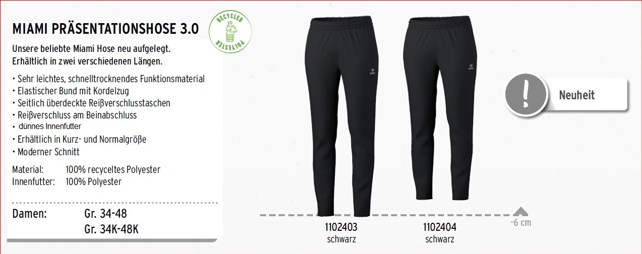 Erima Miami 3.0 Präsentationshose Damen FittnessTraining Kurzgröße Reha Freizeit
