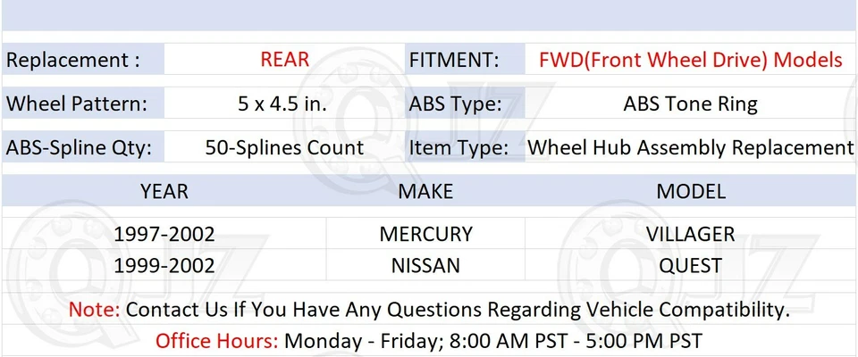 [REAR(Qty.2) New Wheel Hub Replacement For 1997-2002 Mercury Villager FWD-Model Foto 2 de 4