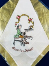 VINTAGE Mozart auf Spinett BESTICKTES wei&szlig;es TASCHENTUCH unbenutzt
