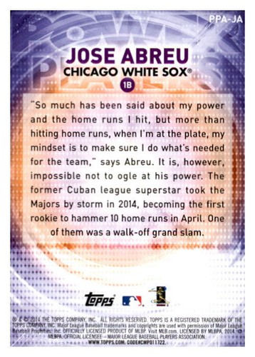 Jose Abreu 2014 Topps Update Power Players Card #PPA-JA - Picture 2 of 2