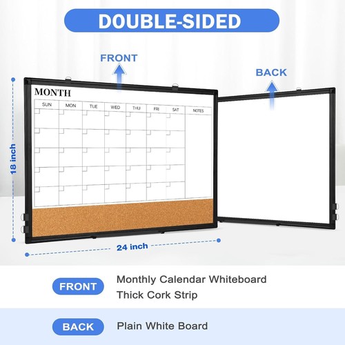 Durable 24"x18" Magnetic Dry Erase Calendar with Cork Board and Hanging Hooks - Picture 4 of 11