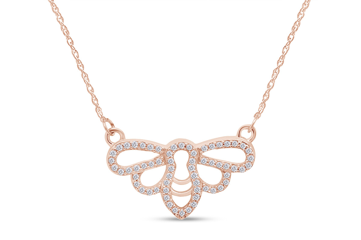 1/6ct Natural Round Diamond Bee Choker Pendant 18" Necklace 10K Solid Gold