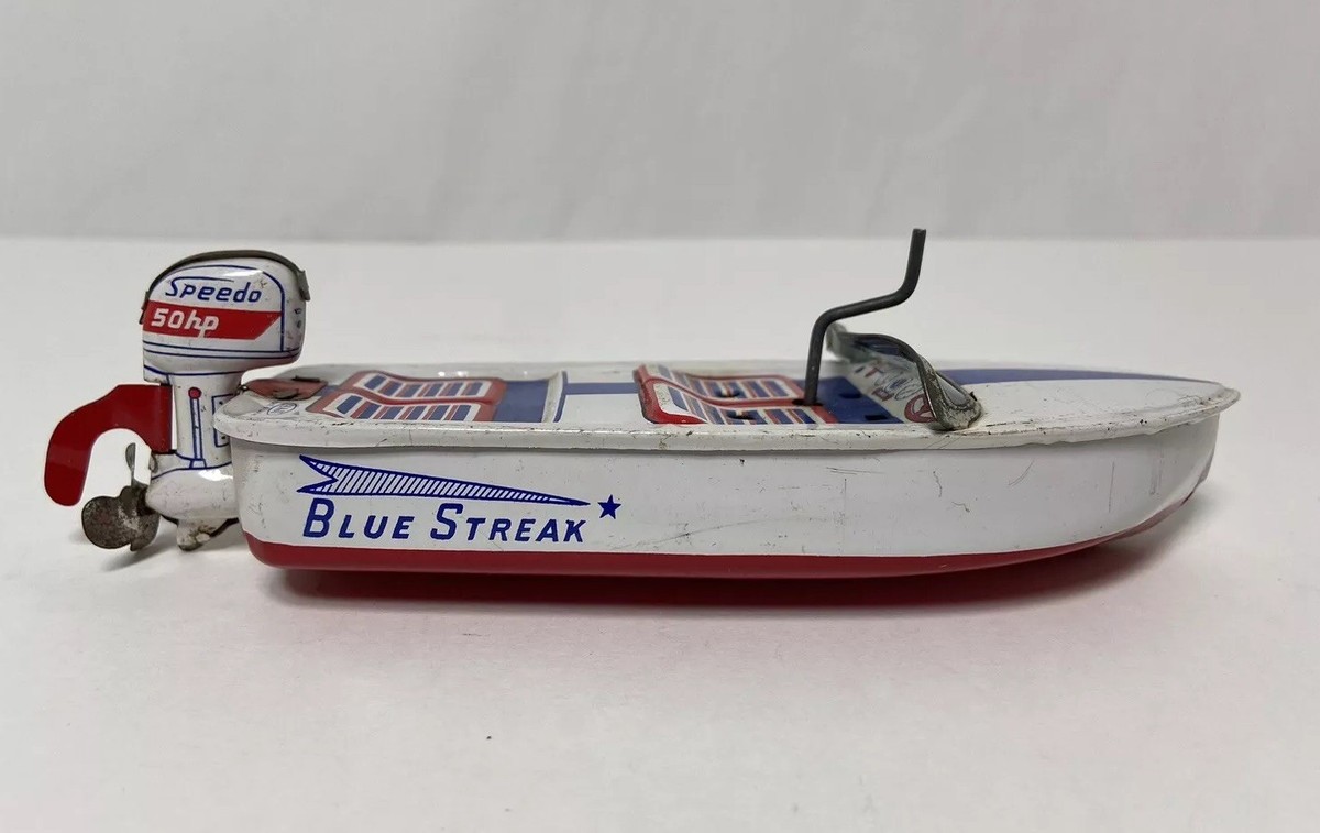 Vintage Haji Blue Streak Wind Up Speed Boat Tin Litho Toy Working