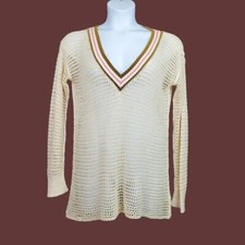 Free People We The Free Cream V-Neck Crochet Open Knit Pullover Sweater Size M