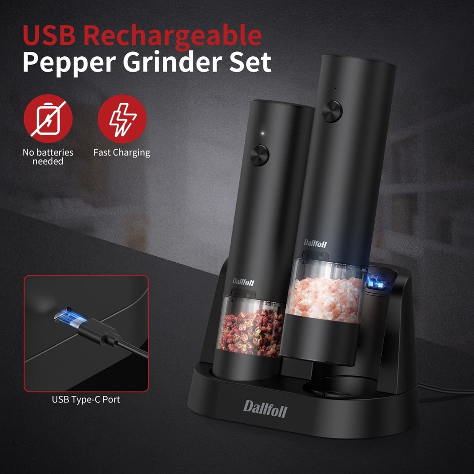 Electric Salt and Pepper Grinder Set, USB Rechargeable Adjustable
