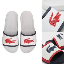 Mens Lacoste Slides Croco Tri 3 White Navy Red Water Ready Sandals NEW