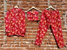 Indian Cotton Red Floral PJ Set Bridesmaid Pajama Set Women Nightwear Suit US