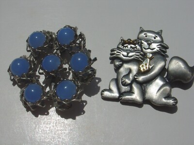 Vintage Pin Lot Faux Blue Moon Glow & Alexandra Pet Kitty Cat Hugging Couple