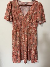 Knox Rose Orange Geometric Dress Flutter Sleeves Tiered Skit Smocked Size Small