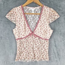 Womens Top Medium Babydoll Y2K Floral Lace Coquette Girly Fairy Sheer Romantic