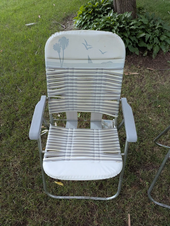 Par de cadeiras de gramado dobráveis vintage estrutura de metal webbed pátio externo praia palmeira - Imagem 2 de 4