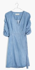 Women’s Madewell Light Wash Blue Denim Shirred Sleeve Tie Wrap Dress size XS