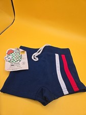 Vtg Stretch Nylon Swim Trunks Navy Blue Red Stripes Nautical 18 Month 70's Nos
