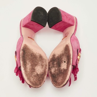 GUCCI フリンジ付きヒール ピンク　スエード　マーモント37 約24㎝ Gucci GG Marmont Fringe Pink Suede Leather Open Toe Slide Sandals