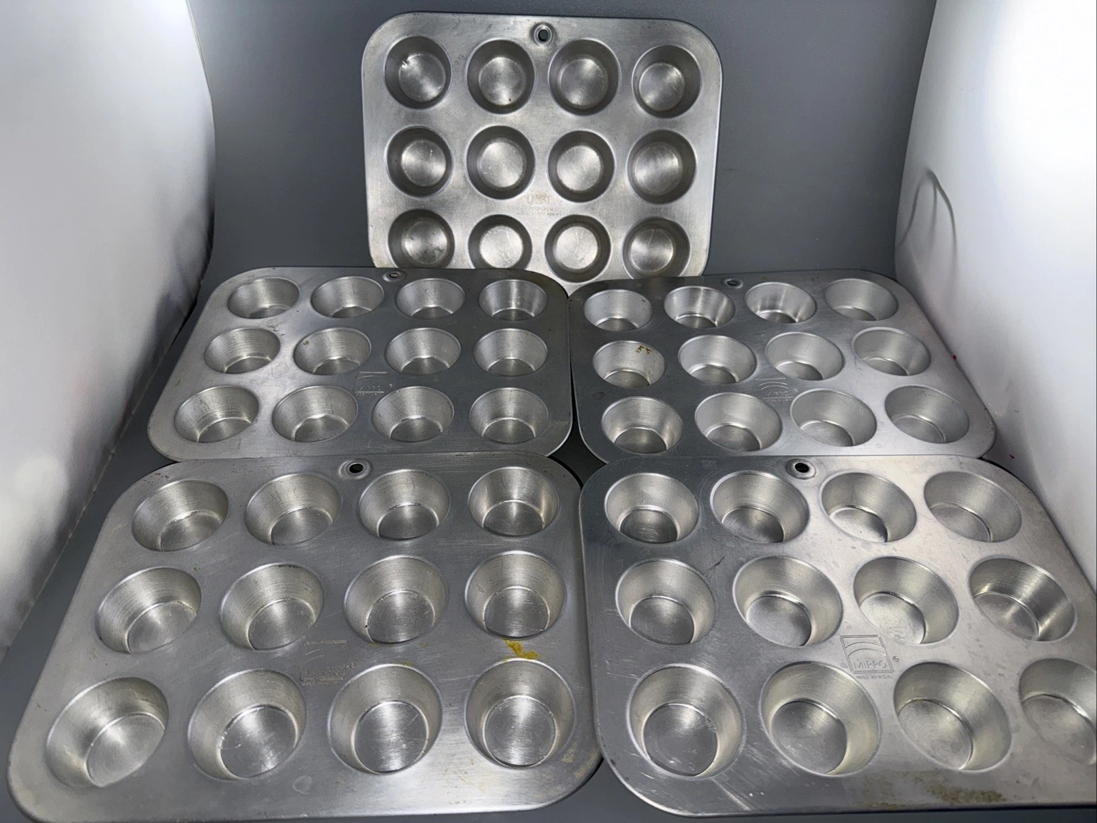 Vtg Lot of 5 Mini Muffin Cupcake Pans Tins Aluminum MIRRO Comet 10” x 8”