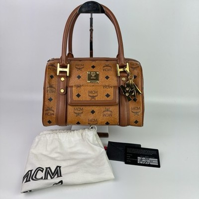 Authentic MCM Cognac Visetos Boston Satchel Bag w/Charms Top Handle Card Dust