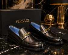Versace Men's Black Leather Loafers Gold Logo Dress Shoes EU 43.5 US 10.5