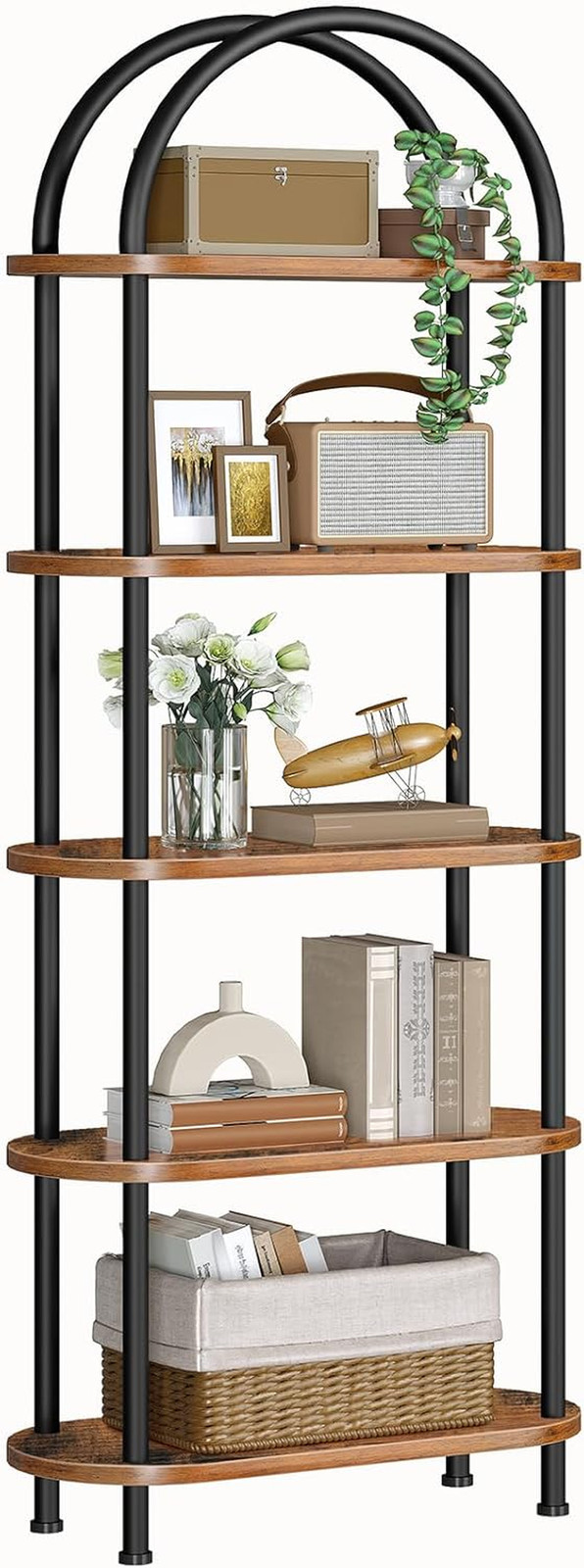 5 Tier Open Bookshelf, Industrial Arched Bookcase Display Shelf Rack, Wooden Boo