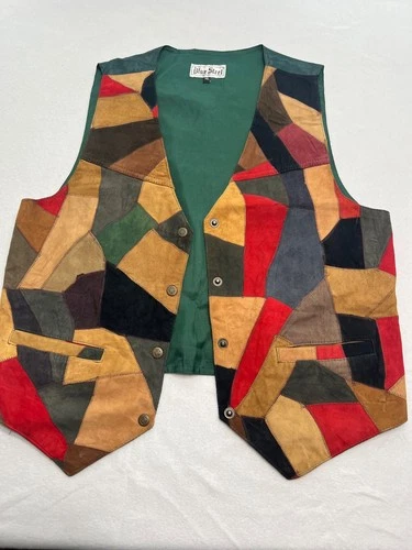Vintage Blue Steel Patchwork Suede Leather Vest Mens XL Western Boho Waistcoat - product listing photo