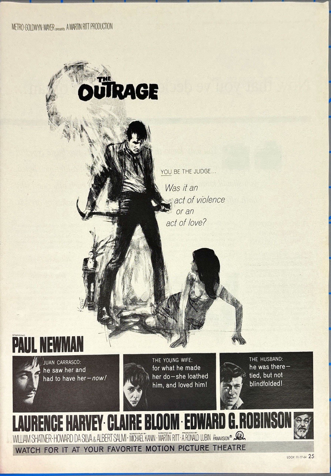 The Outrage 1964 Movie Paul Newman William Shatner Vintage Magazine Ad 1964