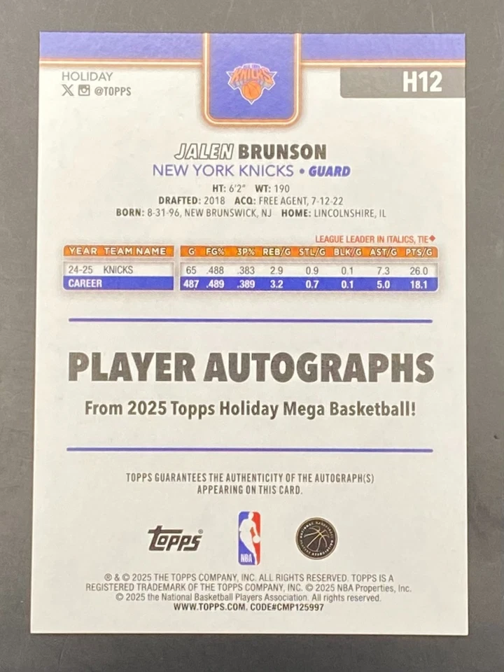 2025-26 Topps Holiday Jalen Brunson Auto SSP New York Knicks #H12 Foto 2 de 3