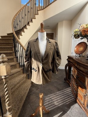 Cinq à Sept Floral Embellished Khaki Blazer Jacket  Size S Beaded Designer $595