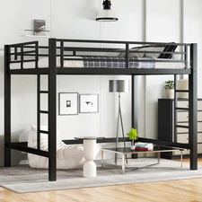 Full Size Metal Loft Bed, Loft Bed w/Easy Climbing Ladder & Guardrails Black