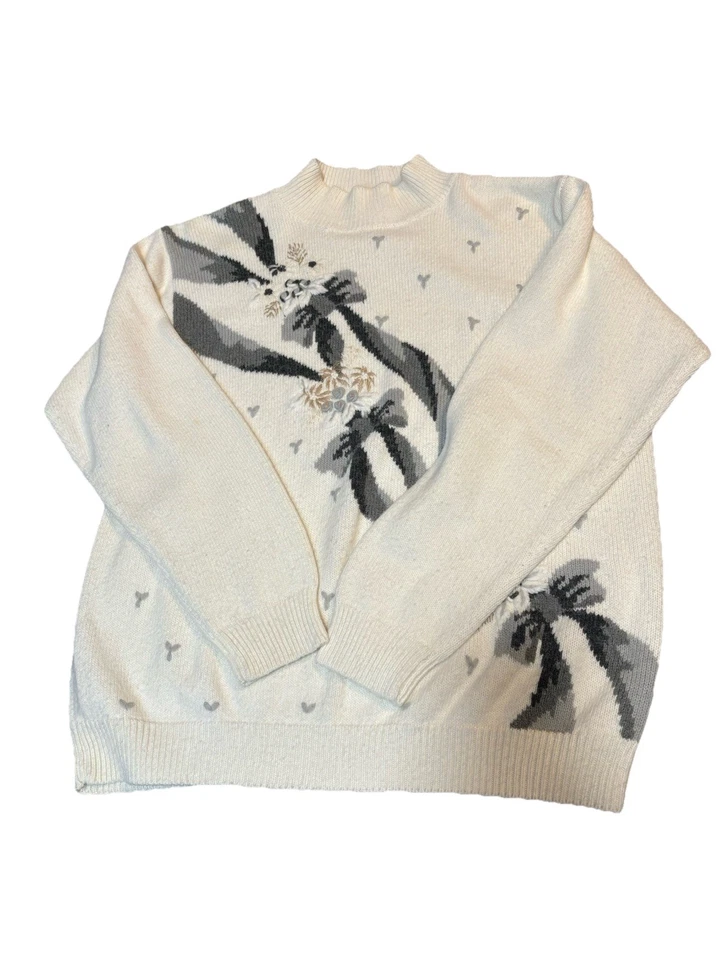 Suéter ALFRED DUNNER Vintage Años 90 - Cintas y Lazos Bordados Crema y Gris Talla L Foto 3 de 4
