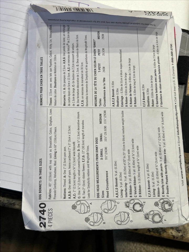 XS/S/M Simplicity 2740 Sombreros Sombrero Gorros para Perros Perro Patrón Costura Ropa Nuevo Foto 2 de 4