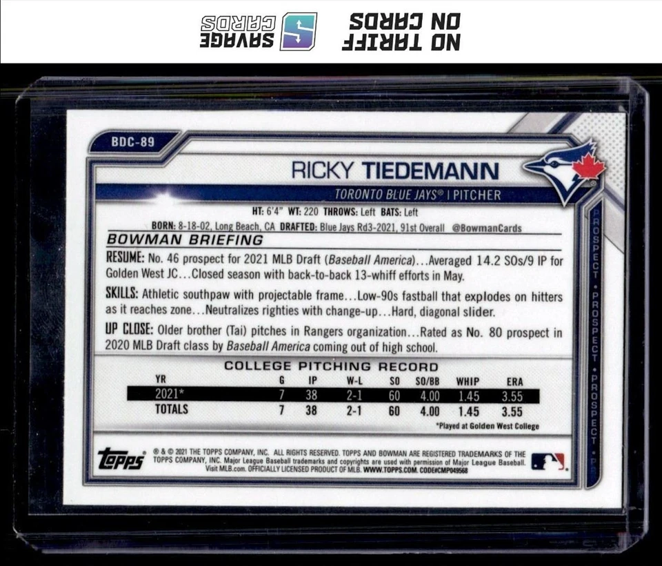 2021 Bowman Draft Chrome Refractor Ricky Tiedemann #BDC-89 Toronto Blue Jays - Image 2 of 3