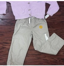 Cat Jack Boys Beige Drawstring Cotton Pants Adjustable Waist Pockets