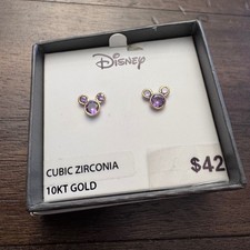 Disney Mickey Mouse Cubic Zirconia 10kt Gold Stud Earrings Purple