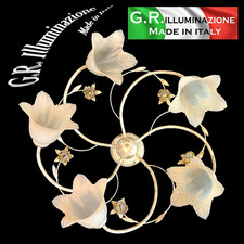 PLAFONIERA IN FERRO BATTUTO 5 LUCI AVORIO ORO VETRI PAGLIERINO LAMPADARIO Dina