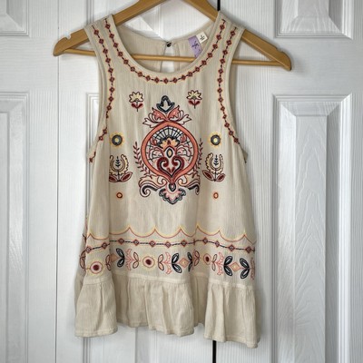 Francesca's Alya Boho Gauze Embroidered Ruffle Hem Tank Top Size Small Cream