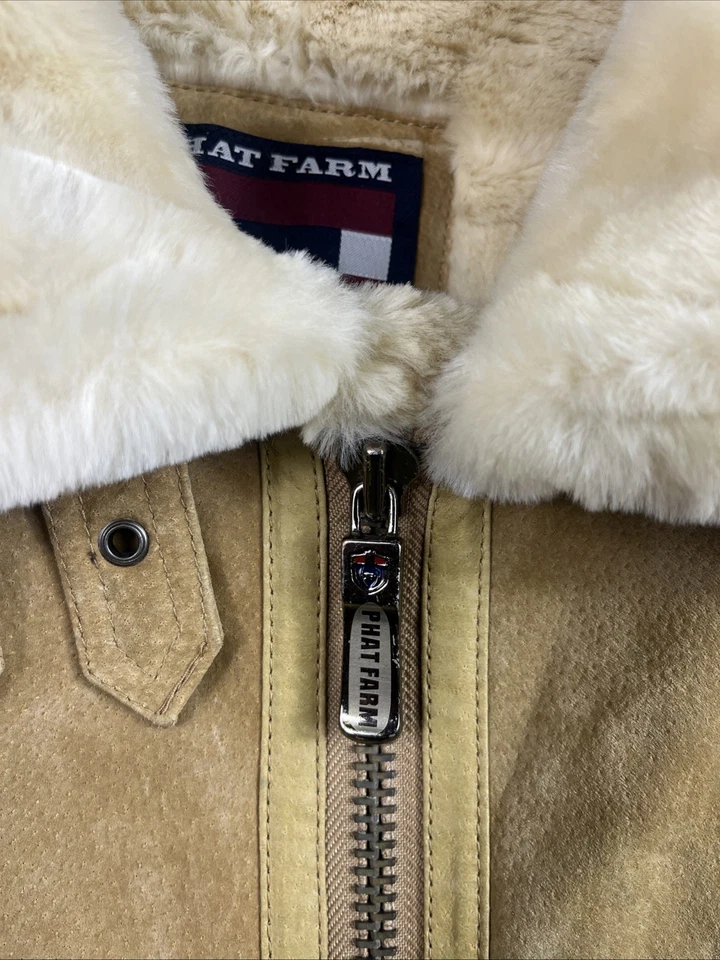 Chaqueta De Colección Para Hombre Phat Farm Gamuza Cuero Imitación Piel de Oveja Beige 5XL Hip Hop 90 Foto 3 de 4