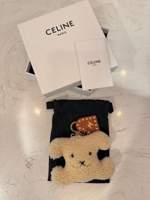 Celine Triomphe Shearling & Leather Pom-Pom Charm Natural Tan Brown Gold