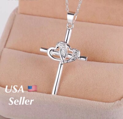 Women 925 Sterling Silver CZ Cubic Crystal Cross Pendant Necklace 18 ...