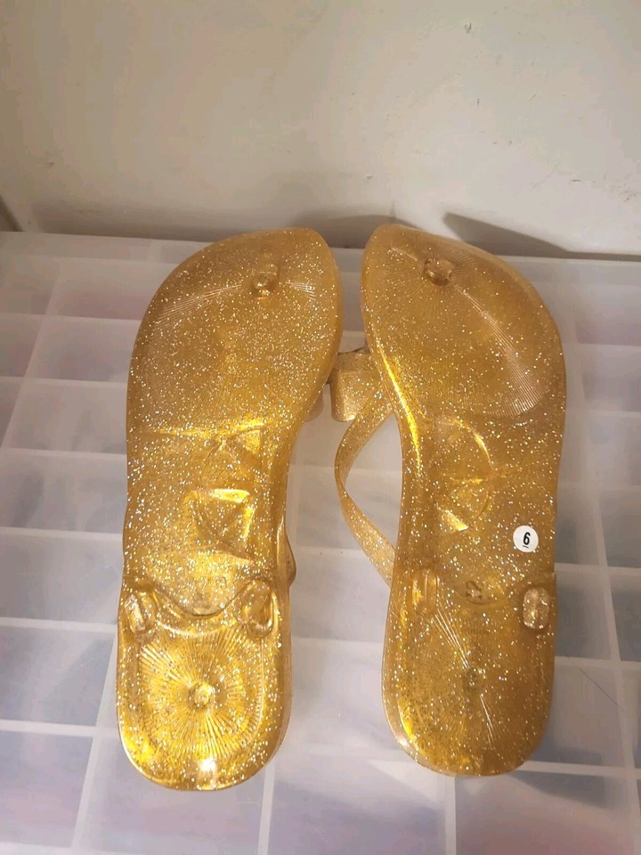 Jacob Ellis Size 6 Bright Gold Glitter Jelley Shoes Flat Beech Vintage